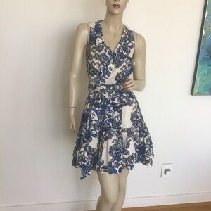 Christian Lacroix Blue White Paisley Floral Linen Blend Wrap Mini Dress S